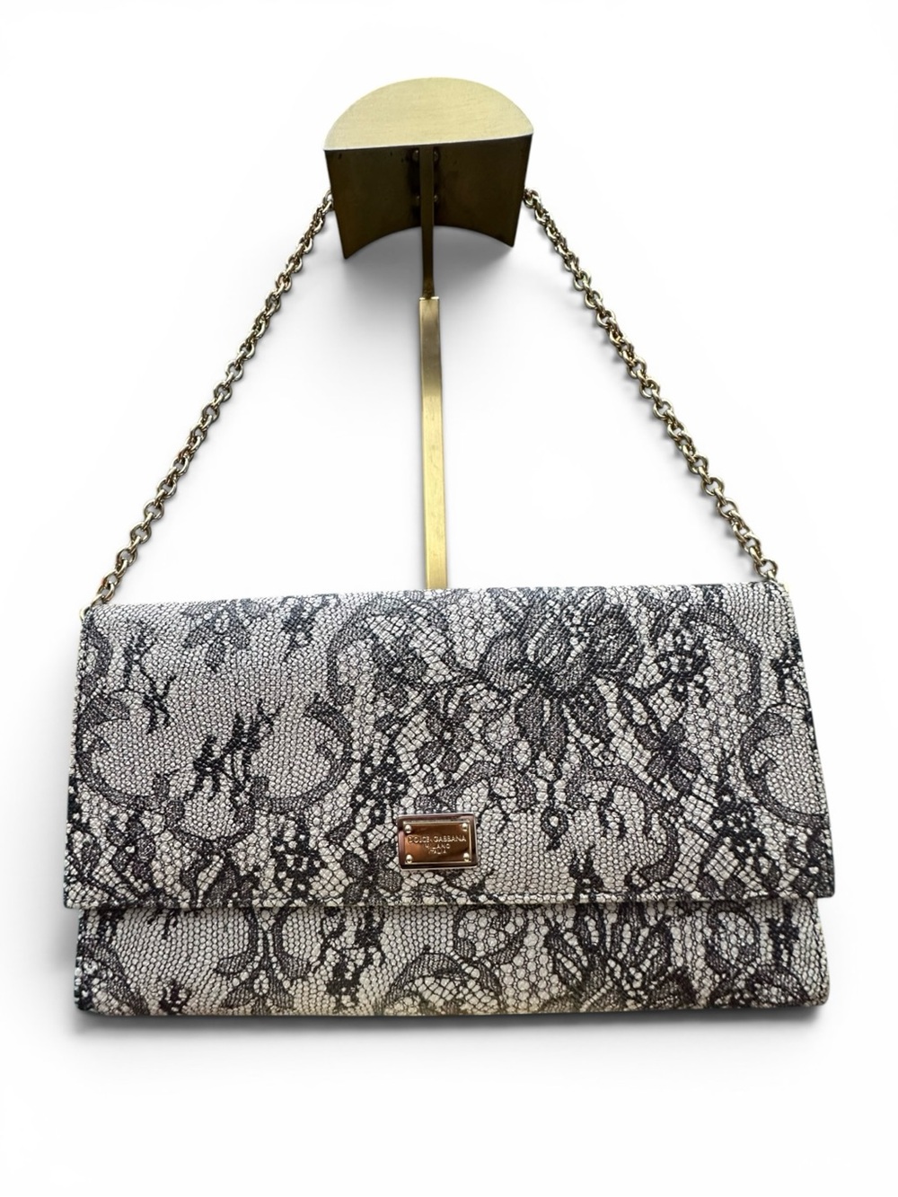 Dolce & Gabbana Lace Print Leather Chain Shoulder Clutch Bag w/ COA